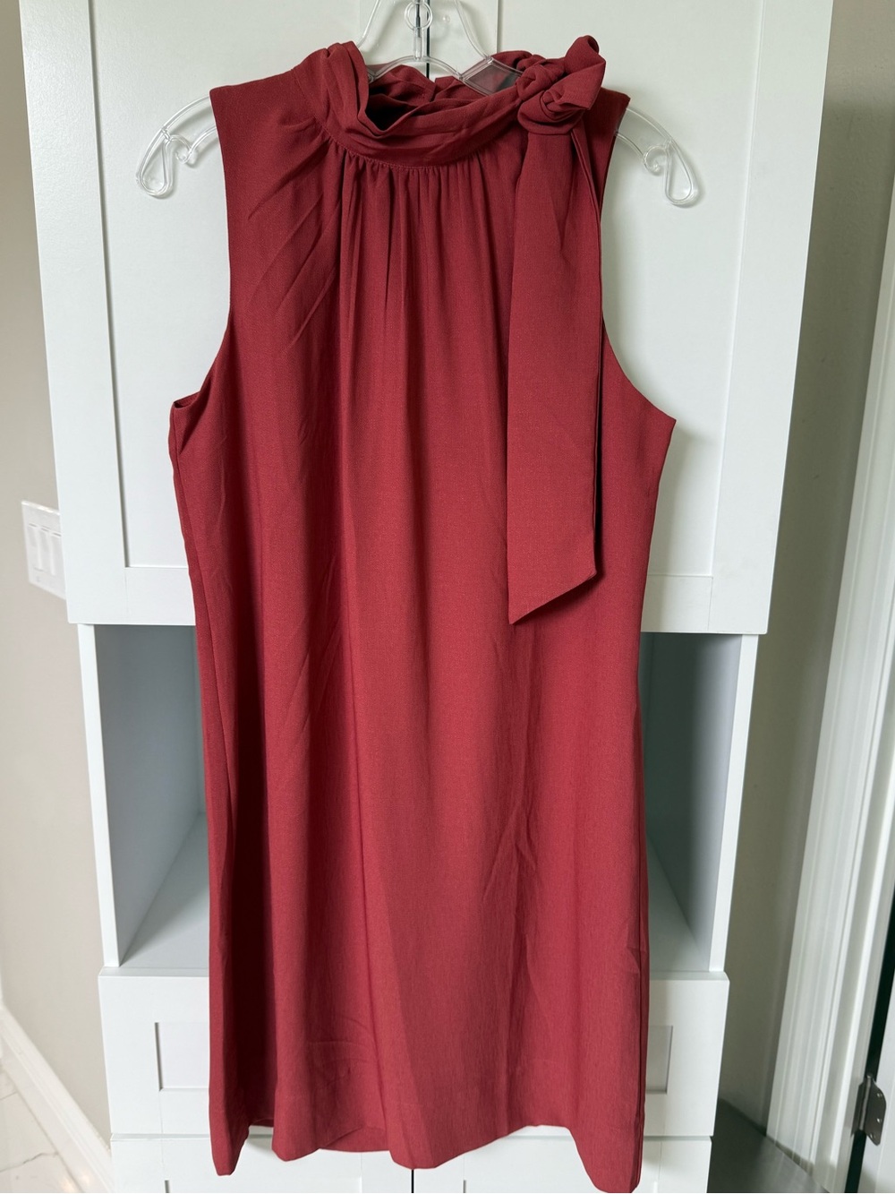 Ann Taylor Factory Sleeveless Tie-Neck Shift Dress in Rust Red—New Without Tags